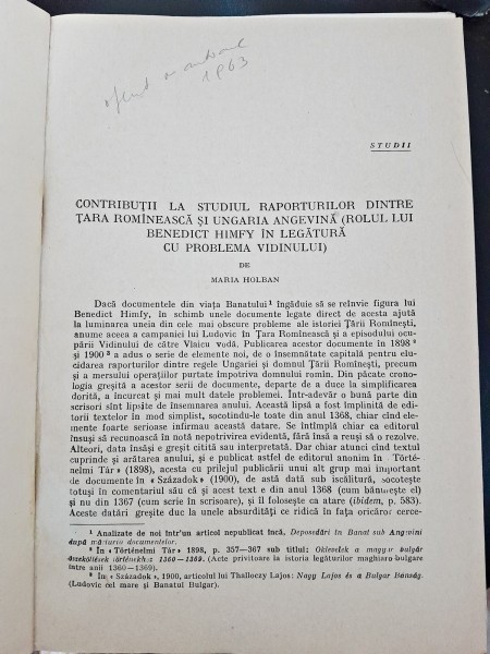 Contributii la studiul raporturilor dintre Tara Romaneasca si Ungaria Angevina (rolul lui Benedict Himfy in legatura cu problema Vidinului) - Maria Ho