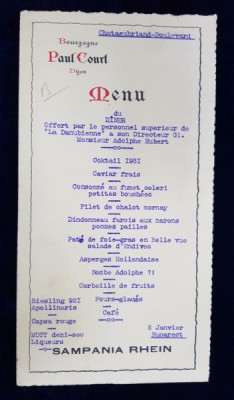 RESTAURANT CHATEAUBRIAND BOULEVARD , MENIUL DINEUL SOCIETATII &amp;#039; LA DANUBIENNE &amp;#039; , 6 IANUARIE 1931 foto