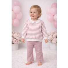 Set cu dungi Bymurat cu bluză &icirc;n dungi și pantaloni bej comozi (Marime
