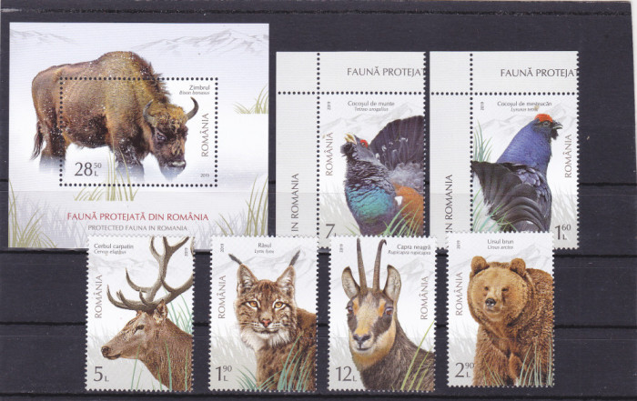 FAUNA PROTEJATA DIN ROMANIA,SERIE COMPLETA + BLOC,2019,Lp.2237, MNH ** ROMANIA.