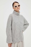 Gestuz pulover de lana femei, culoarea gri, călduros, cu guler