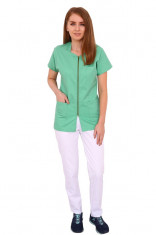 Costum medical vernil cu alb, bluza cu fermoar cambrata, trei buzunare aplicate si pantaloni albi cu elastic XS foto