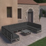 vidaXL Set mobilier grădină cu perne, 10 piese, negru, lemn masiv pin 3077203