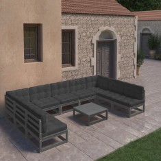 vidaXL Set mobilier grădină cu perne, 10 piese, negru, lemn masiv pin 3077203