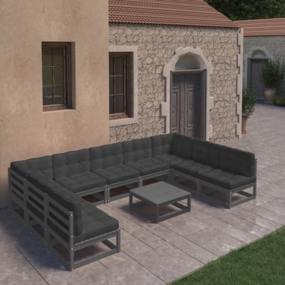 vidaXL Set mobilier grădină cu perne, 10 piese, negru, lemn masiv pin 3077203 foto