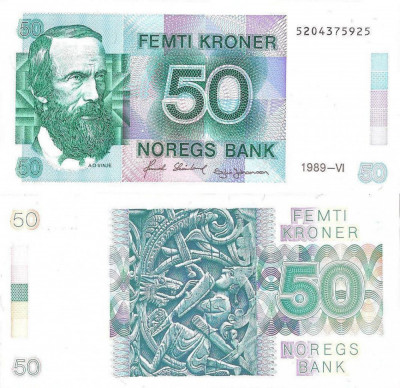 NORVEGIA █ bancnota █ 50 Kroner █ 1989 █ P-42e █ UNC █ necirculata foto