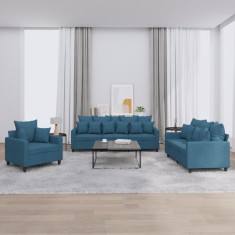 vidaXL Set de canapele cu perne, 3 piese, albastru, catifea foto