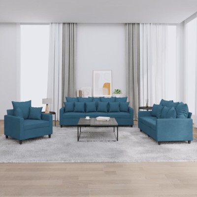 vidaXL Set de canapele cu perne, 3 piese, albastru, catifea 3201689 foto