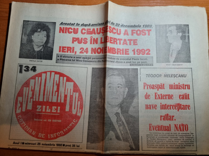 evenimentul zilei 25 noiembrie 1992-nicu ceausescu pus in libertate,gica hagi