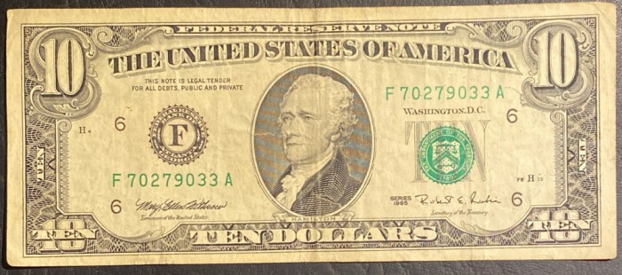 BANCNOTA STATELE UNITE, TEN DOLLARS 1995/SEMNATURA TREZORIER: Mary Ellen WITHROW