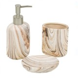 Set 3 accesorii ceramice pentru baie, dispenser sapun lichid, suport periute dinti si sapuniera, bej maro, efect de lemn, Oem