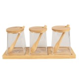 Cumpara ieftin Set 3 borcane sticla cu suport lemn 7x7x10 cm, 29x9x12 cm