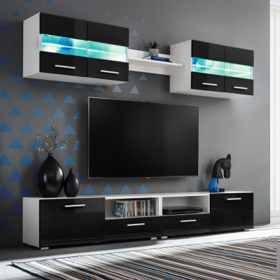 vidaXL Mobilier sufragerie, spațiu TV 5 piese, lumini LED Negru lucios foto