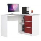 Birou calculator pe colt, placa laminata, 3 sertare, 2 rafturi, pe dreapta, alb si rosu lucios, 124x85x77 cm, Akord Furniture Factory