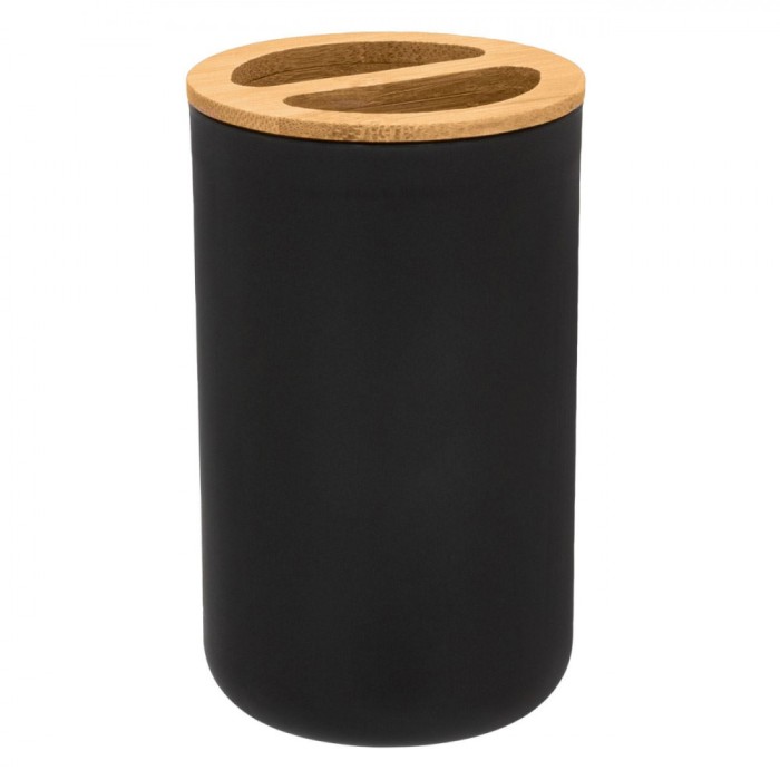Suport Periuță de Dinți, Model Rotund, Plastic, Detalii Bambus, Diametru 6.5 cm, &Icirc;nălțime 11 cm, Negru