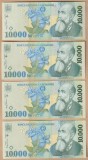 (1) SET 4 BANCNOTE ROMANIA - 10.000 LEI 1999 (2001), PORTRET NICOLAE IORGA, STARE AUNC/UNC, SERII CONSECUTIVE