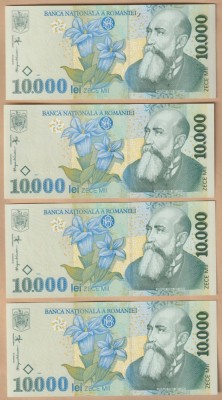 (1) SET 4 BANCNOTE ROMANIA - 10.000 LEI 1999 (2001), PORTRET NICOLAE IORGA, STARE AUNC/UNC, SERII CONSECUTIVE foto