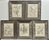 Set 5 Tablouri Toader Schipor, Portrete Femei Bucovinene La Torsul L&acirc;nii anul 1954, grafică &icirc;n cărbune , &icirc;nrămate 22x27cm