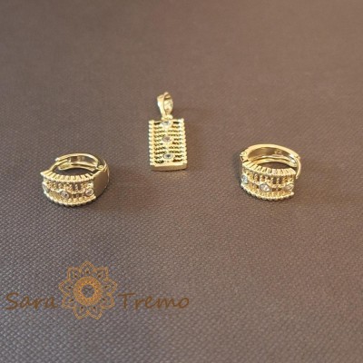 Set cercei rotunzi si pandantiv dreptunghiular cu zirconia - placat 14k foto