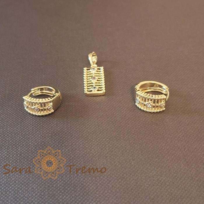 Set cercei rotunzi si pandantiv dreptunghiular cu zirconia - placat 14k