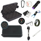 Cumpara ieftin Set profesional de supravietuire in cutie etansa abs neagra cu lanterna uv kit de pescuit amnar si bratara paracord 10 in 1 pentru camping si munte