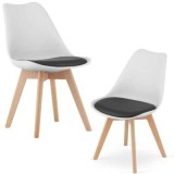 Set 2 buc, Scaun Stil Scandinav, cu Picioare din Lemn de Fag, Sezut din PP si Perna din Piele Ecologica, 49 x 43 x 82 cm, Alb cu