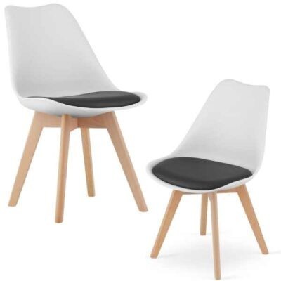 Set 2 buc, Scaun Stil Scandinav, cu Picioare din Lemn de Fag, Sezut din PP si Perna din Piele Ecologica, 49 x 43 x 82 cm, Alb cu foto