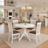 Cumpara ieftin Set masa living rotunda Montreal, lemn masiv, MDF, 90x73.8 cm si 4 scaune lemn masiv Glendale, stofa,100 kg, 93x49x41.5 cm, alb maro