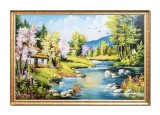 Cumpara ieftin Tablou inramat gigant peisaj de primavara cu pomi infloriti pictat manual, Maretie, 130x90cm ulei pe panza, Constantin Feraru