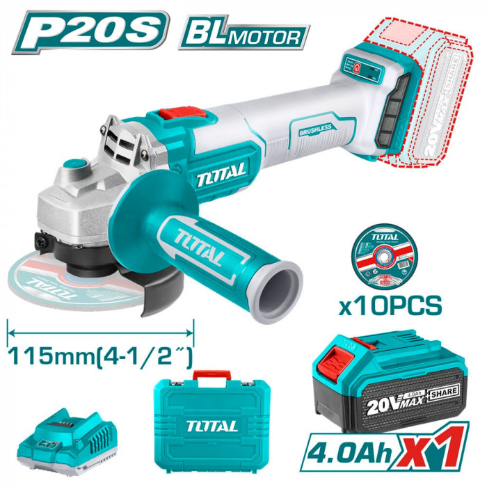 TOTAL - POLIZOR UNGHIULAR - LI-ION - 20V - 115MM (INCLUDE ACUMULATOR SI INCARCATOR) PowerTool TopQuality