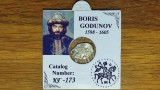 SUPEROFERTA !!! Rusia tarista - piesa de istorie argint - 1 copeica / kopeck 1598-1605 -Boris Gudunov- in cartonas personalizat, detalii f bune !