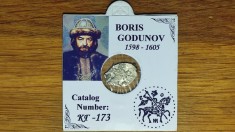 SUPEROFERTA !!! Rusia tarista - piesa de istorie argint - 1 copeica / kopeck 1598-1605 -Boris Gudunov- in cartonas personalizat, detalii f bune !