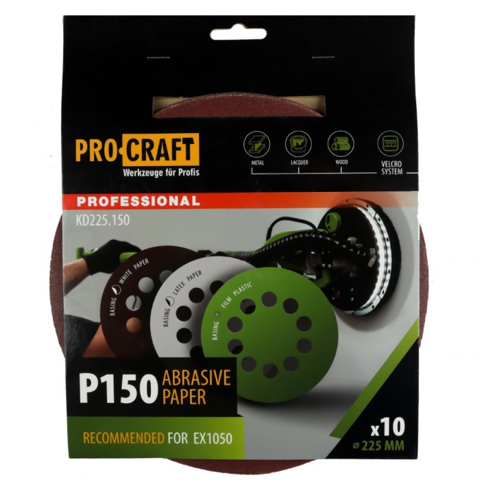 Disc abraziv pentru slefuitor cu excentric KD225.150 PROCRAFT (Set 10 buc)Diametru: 225 mm Granulatie: P150 Innovative ReliableTools