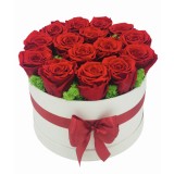 Aranjament floral in cutie cadou, Eventissimi, 15 Trandafiri Naturali Criogenati, Licheni naturali stabilizati, Rosu Alb, personalizabil