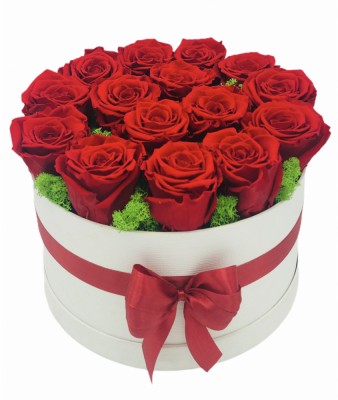 Aranjament floral in cutie cadou, Eventissimi, 15 Trandafiri Naturali Criogenati, Licheni naturali stabilizati, Rosu Alb, personalizabil foto