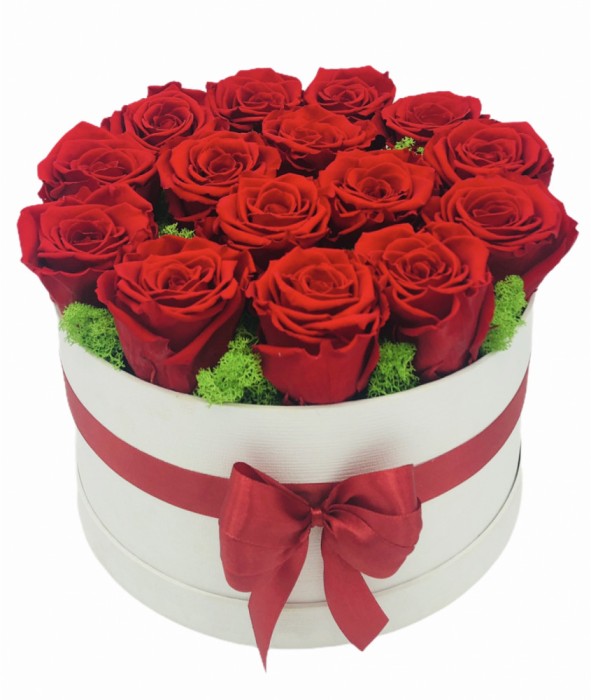 Aranjament floral in cutie cadou, Eventissimi, 15 Trandafiri Naturali Criogenati, Licheni naturali stabilizati, Rosu Alb, personalizabil