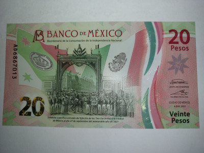 Mexic 20 Pesos Comemorativa 2021 Polimer Seria AD Semnatura 1 UNC foto