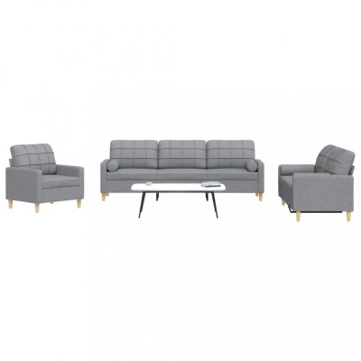 vidaXL Set de canapele cu perne, 3 piese, gri deschis, textil foto