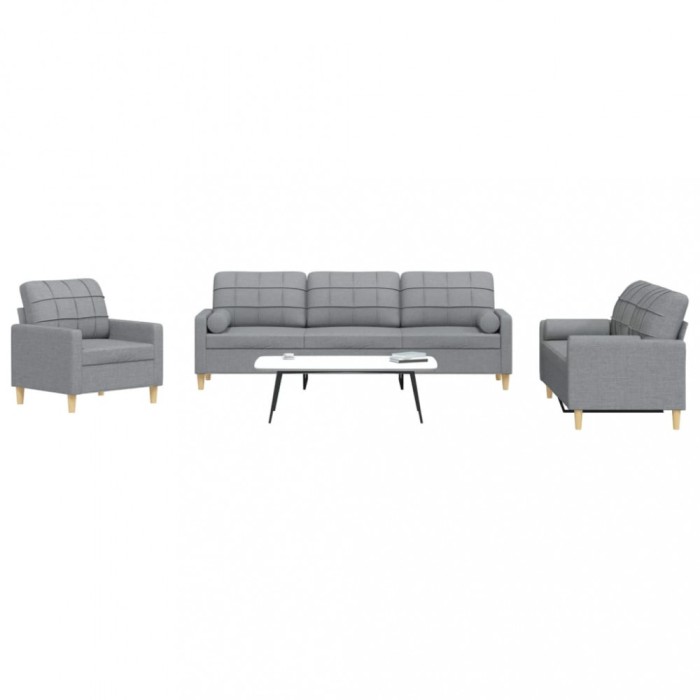 vidaXL Set de canapele cu perne, 3 piese, gri deschis, textil
