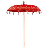 Umbrelă de Soare Balineză vidaXL Roșie 250 cm, Bumbac &amp; Lemn, Pliabilă, Protecție UV, Design Elegant, Gradină/Terasa