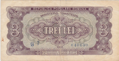 ROMANIA RPR 3 lei 1952 VF SERIE 1 CIFRA foto