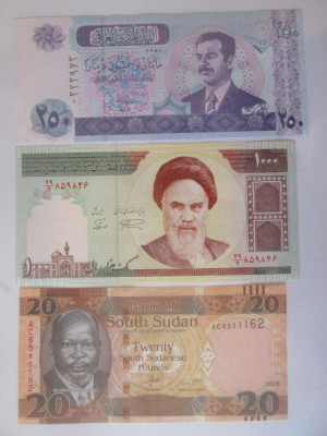 Lot 3 bancnote UNC:Iraq,Iran,Sudan foto