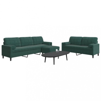 vidaXL Set canapele cu perne/rulouri, 3 piese, verde &amp;icirc;nchis, catifea 3278503 foto