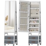 HOMCOM Oglindă Dulap pentru Bijuterii cu LED Interior Roți Pivotant 360&deg; Rafturi Deschise Sertare din Material Textil Alb | Aosom Romania