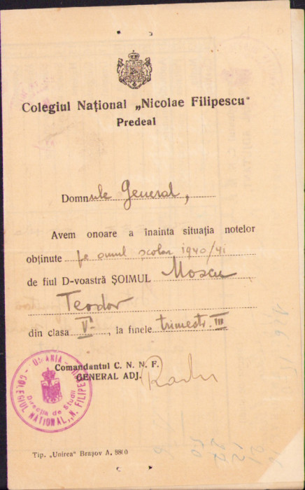 HST A1424 Carnet situație școlară șoim 1941 Colegiul National Nicolae Filipescu