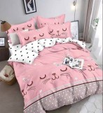 Cumpara ieftin Lenjerie pat single,bumbac finet,4 piese,roz cu pisicuta-A265