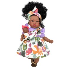 Papusa Nines D&#039;Onil Maria Afro cu sunete, bebelus, rochie mov si miros de vanilie 45 cm