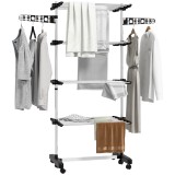 HOMCOM Uscător de Rufe Pliabil, Uscător Tip Turn cu 6 Roți, C&acirc;rlige și 4 Rafturi Reglabile, 142x55x172 cm, Argintiu | Aosom Romania
