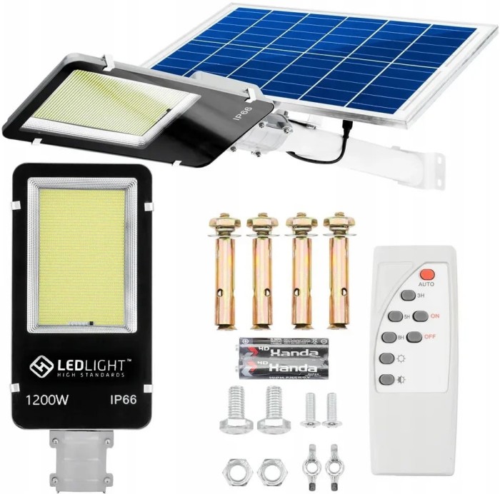 Lampa solara, putere 1200 W, 800 LED-uri, suport pentru perete, stalp, complet rezistenta la fenomene meteo (protectie IP66), telecomanda inclusa, neg