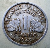 Moneda Franta Vichy WWII 1 Franc 1943 Aluminiu KM# 902.1